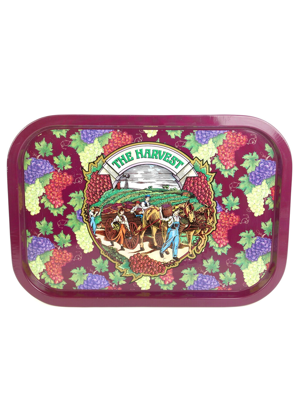 Vintage Nobel Hall The Harvest Tin Metal Serving Tray Grapes Wagon Platter 15x11